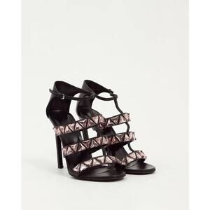 GUCCI Charlotte Black Leather Pink Crystal Jeweled Strappy Sandals Pump EU 39.5